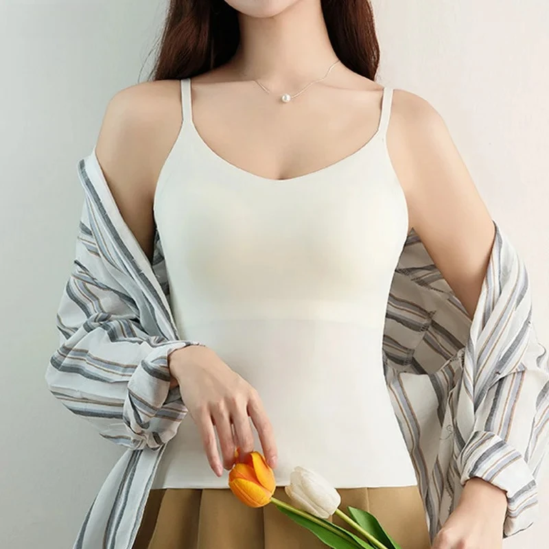 M-2XL Beautiful Back Sling Long Vest With Build-in Bra Women's Summer Fixed Cup Outer Wear Bottoming Top For 40-80kg