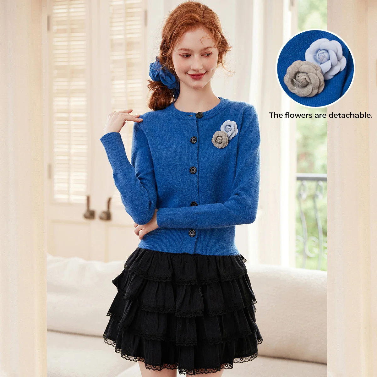 LOUIS YAO جديد أنيق انفصال زهرة سترة مشغولة من الصوف 2025 الخريف بلايز الجولة الرقبة مايكرو مطاطا المرأة محبوك سترة