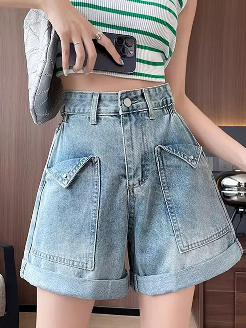 Summer Thin High Waist Wide Leg Jeans Shorts Women's Loose Fit Straight Cut Cuffed Four-Quarter Pants Casual Lightweight
