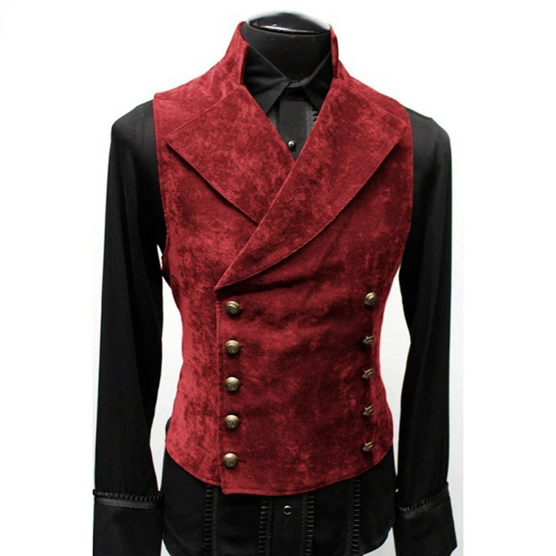 

Mens Gothic Steampunk Velvet Vest Retro Medieval Victorian Waistcoat Men Stand Collar Double Breasted Stage Cosplay Prom Costume