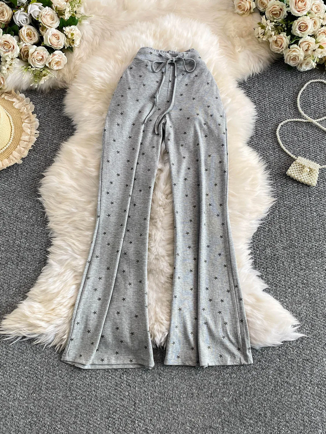 High Waist Slim Fit Floral Print Casual Pants Women's Narrow Version Tie Drape Lazy Style Leg Lengthening Bell Bottoms