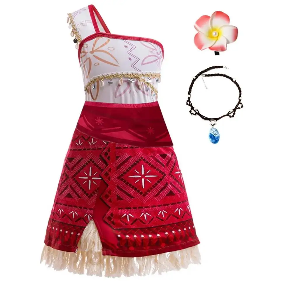 

Carnival Moana Cosplay Costume Girls Fringe Decor Dress With Necklace And Flower Hairpin Baby Birthday Party Princess Dresses