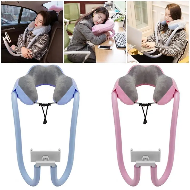 U-Shaped Neck Pillow With Gooseneck Tablet Phone Holder Sleep Cushion with Flexible Phone Reading Holder for Travel Office