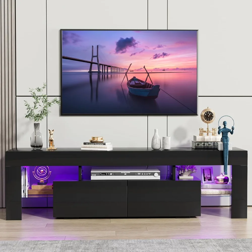 

TV Stand, Modern Lighting TV Cabinet Entertainment Center Media and Open Shelf,TV Console Table with 1 Drawer and Remote Control