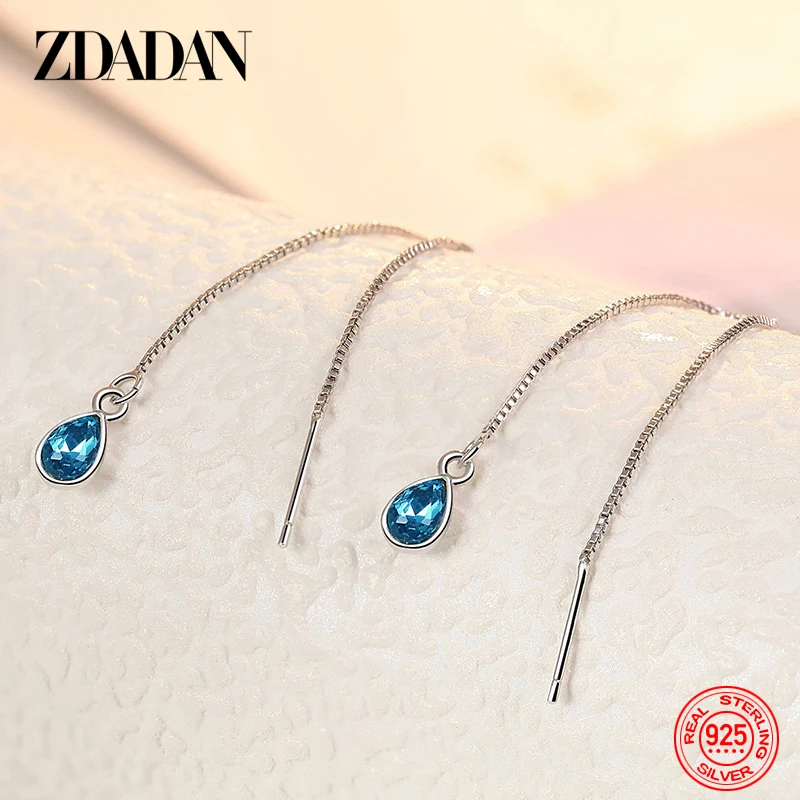 ZDADAN orecchini pendenti a catena lunga in cristallo blu argento 925 per gioielli da sposa da donna