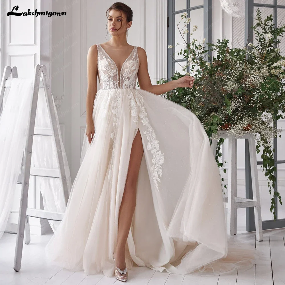 Lakshmigown Champagne A Line Wedding Dresses Tulle V Neck High Slit Handmade Flower Appliques V Neck 2024 Floor Length Gowns