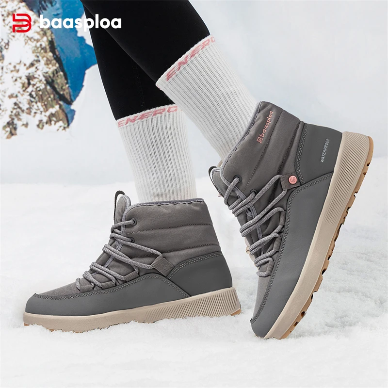 Baasploa New Snow Boots Women Winter Casual Waterproof Plush Warm Walking Shoes ﻿Female Outdoor Non-Slip Lace up Cotton Shoes