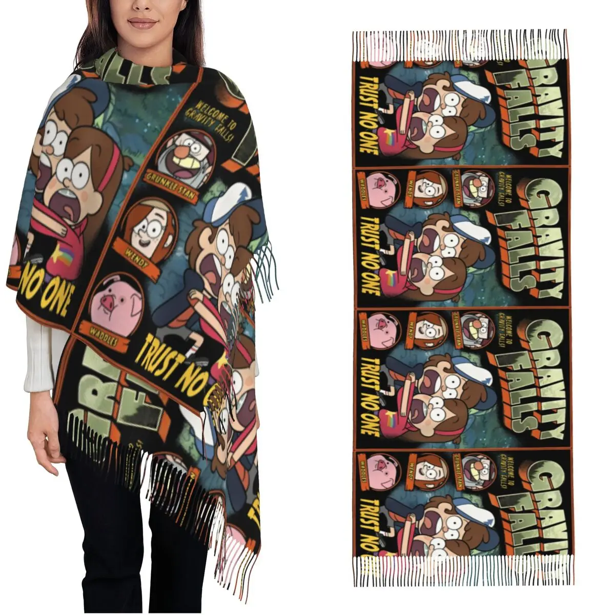 Gravity Falls Trust No One Scared Dipper & Mabel Shawls Wraps Womens Warm Long Soft Scarf Pashmina Tassel Scarves