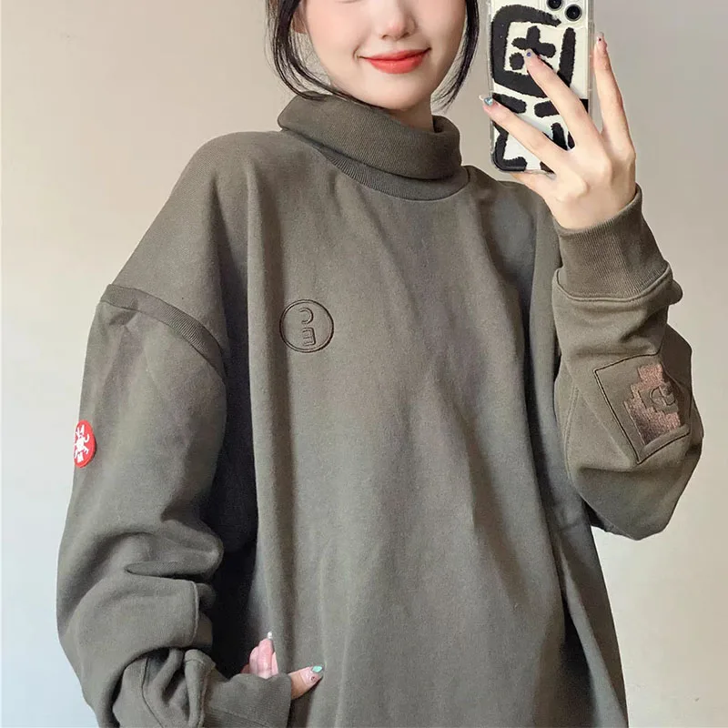

Japanese Style Vintage Autumn Winner New Hoodies Women Turtleneck Embroidery Plus Velvet High Street Long Sleeve Loose Tops