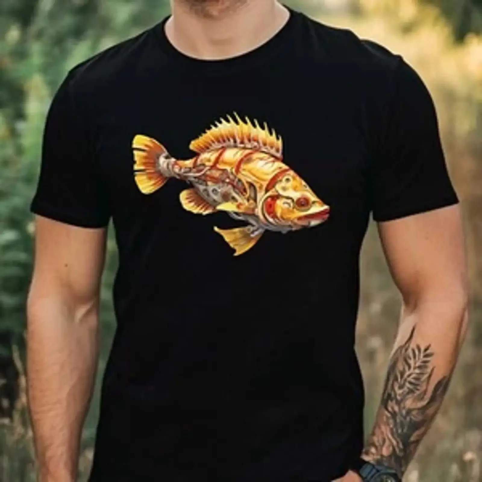 Men's T shirt with Cyborg Fish motif cotton sizes XS to 5XL vintage Washed streetwear Stretched Soft Breathable graphic