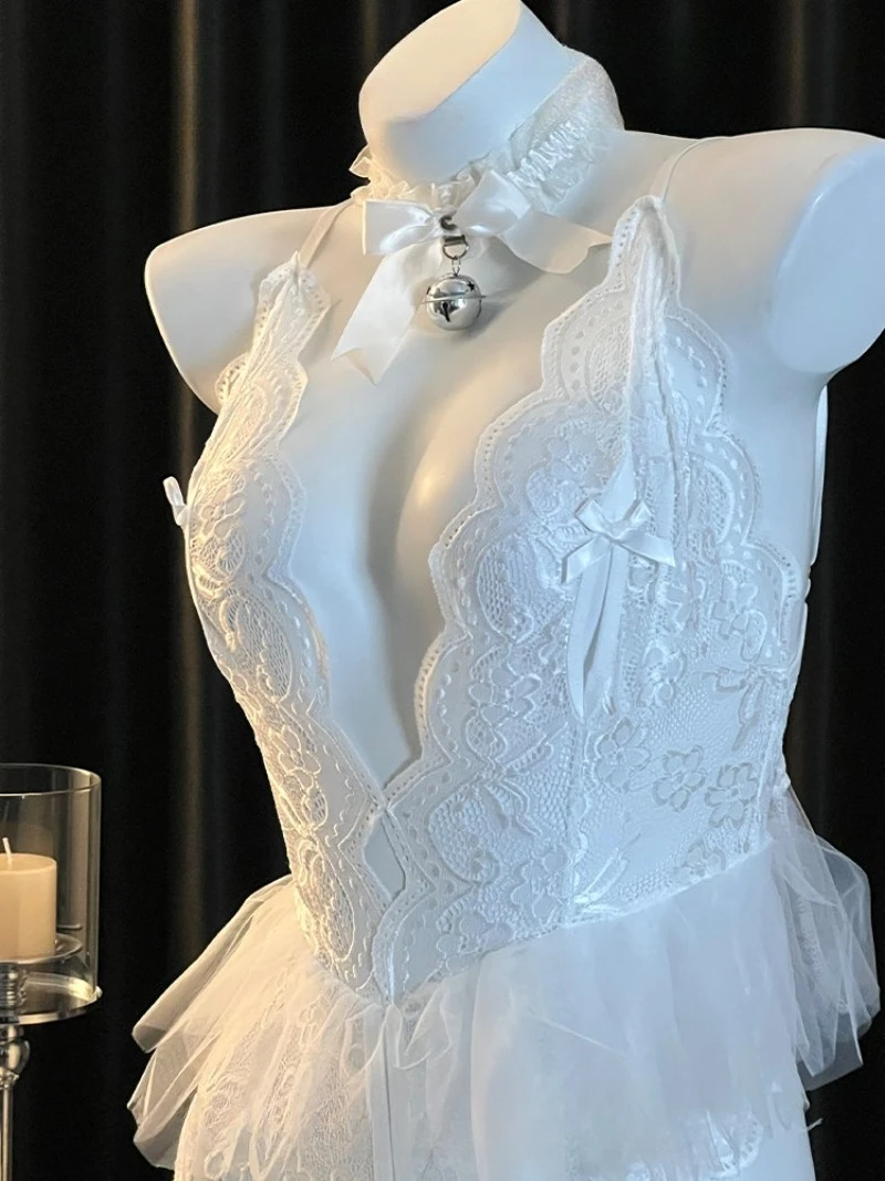 Sexy Ballet Lace Cutout One-Piece Dress,Tulle Short Skirt and Backless Design,Romantic Atmosphere Uniform Women’s Pure Desire