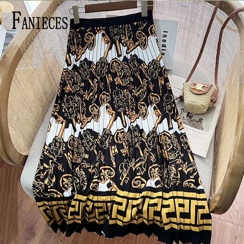 

FANIECE Luxury Baroque Print Pleated Women Long Skirt High Waist Casual Folds A-line Big Hem Female Skirt Streetwear Faldas юбка