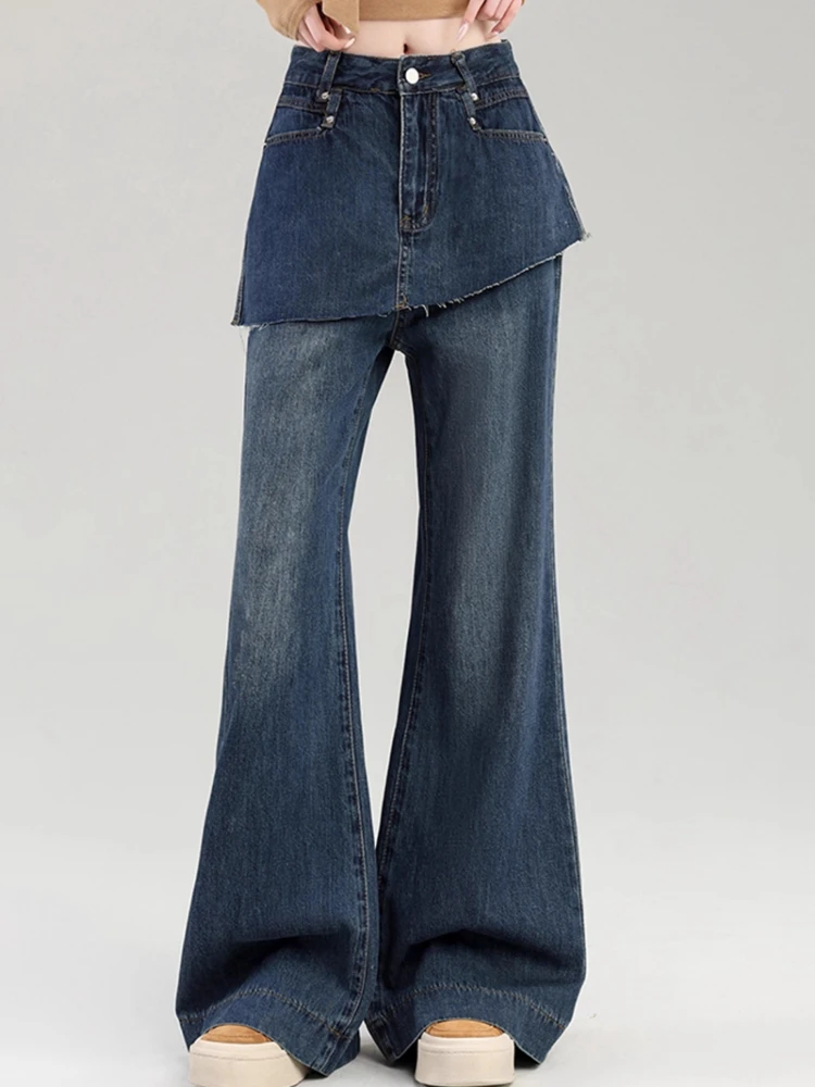 Retro Gefälschte Zwei frauen Hosen Hohe Taille Leicht Ausgestellte Frauen Jeans Herbst Waschen Lose Beiläufige Breite Bein frauen Denim hosen