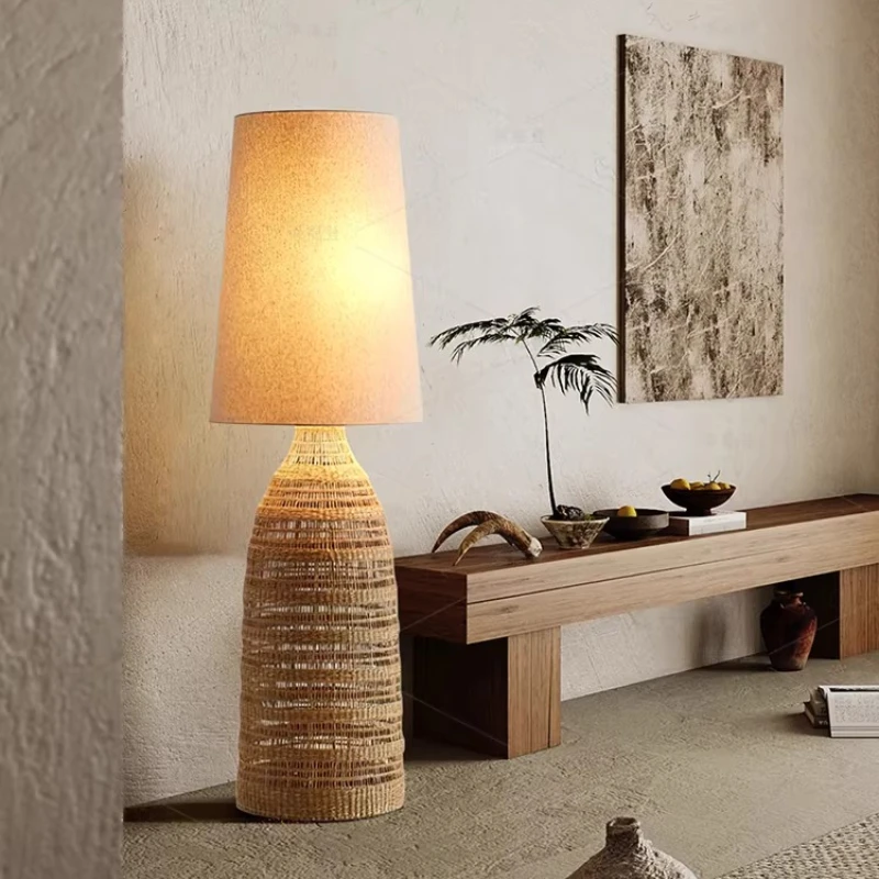 Japanese Wabi Sabi Living Room Floor Lamps Vine Art Linen Fabric Standing Lights Bedroom Bedside Villa Study Homestay Desk Light