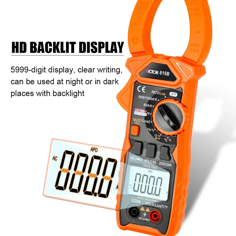 RUOSHUI 615B Digital Clamp Multimeter DC 1500V Intelligent Voltage Tester 6000 Counts Current Frequency Backlight NCV Ohm Meter