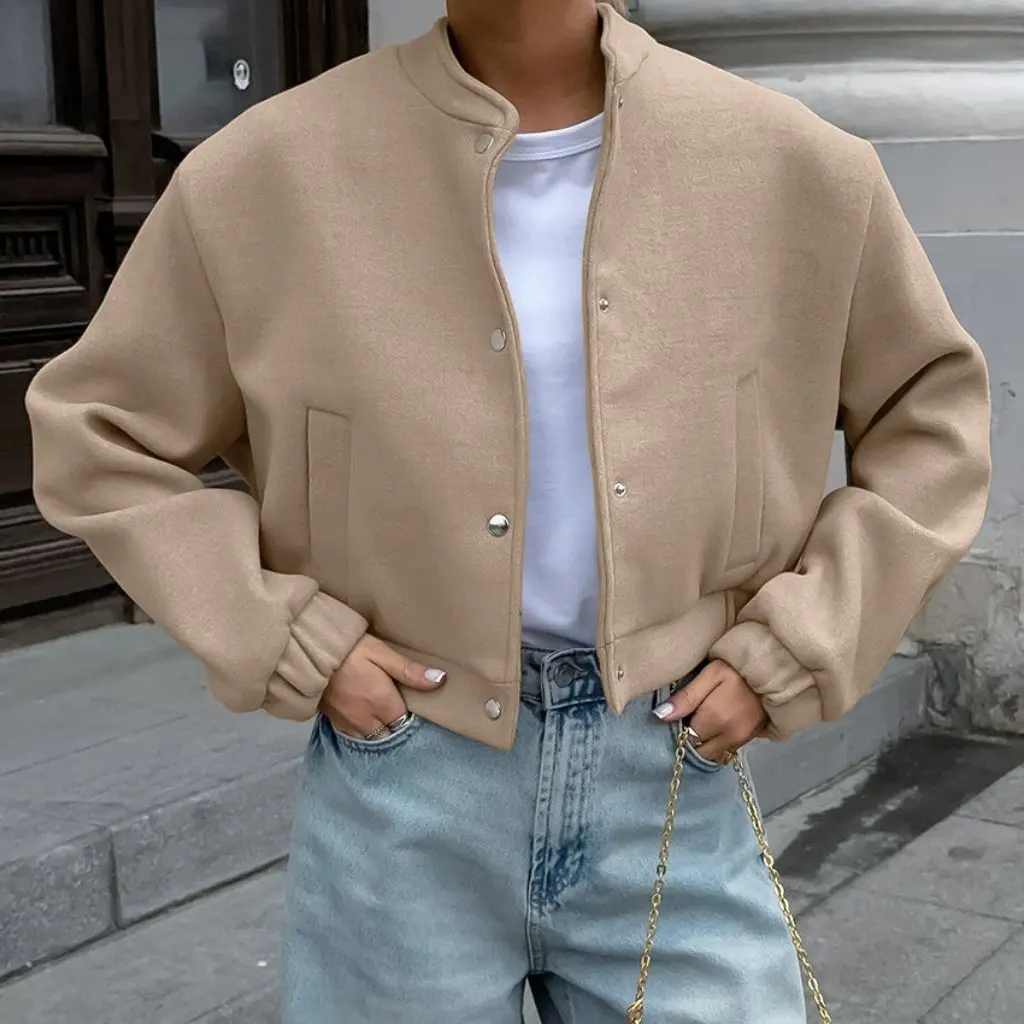 

Fashionable Khaki Woolen Outwear Small Stand-Up Collar Autumn Winter Flight Jacket European American Style Commuter Clothing