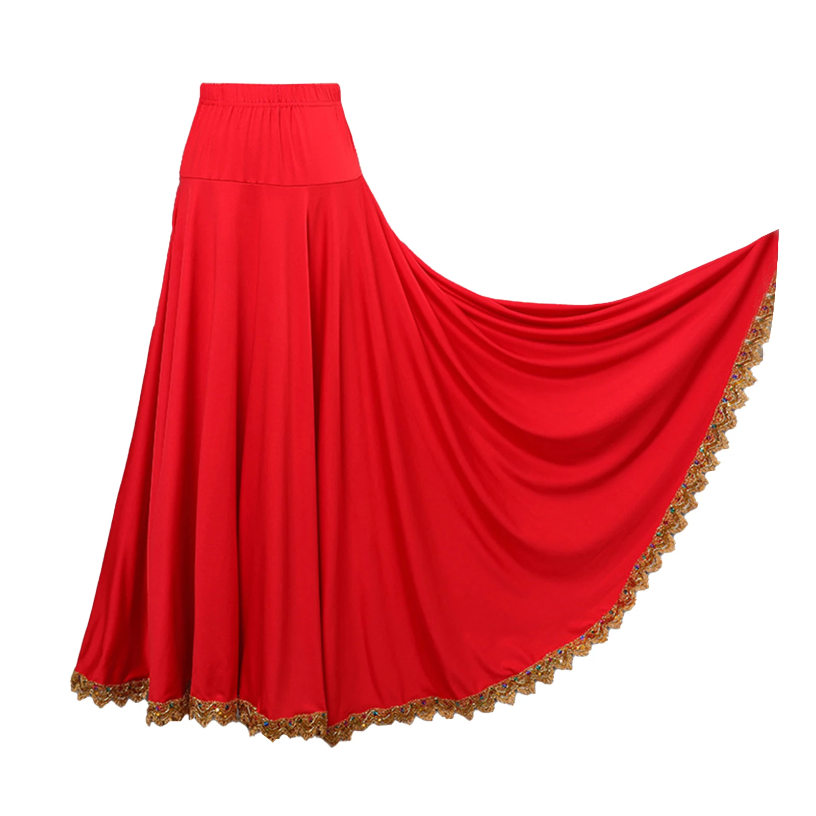 Damska spódnica do flamenco, tańca towarzyskiego, pełna okrągła spódnica maxi z wysokim stanem i falbanami do hiszpańskiego paso doble, tańca ludowego na placu i tańca brzucha.