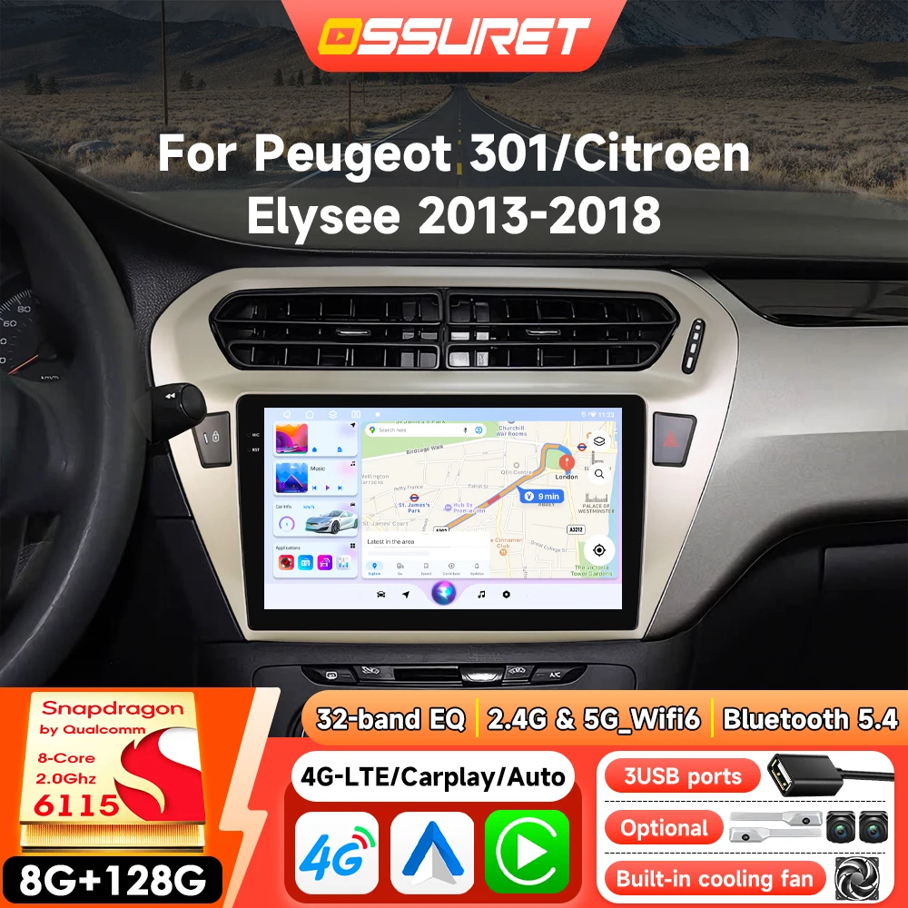 8-Kern Android Autoradio-Player für Peugeot 301 Citroen Elysee 2013-2018 Auto-Multimedia Kabelloses Carplay 6115 Audio GPS 360-Grad-Kamera