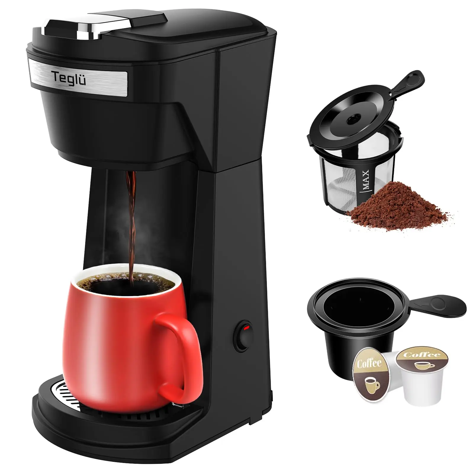 14 Oz Coffee Maker, Mini Single Serve for K Cup Pod & Ground Coffee, 800W, 1.9 lb, BPA Free, Fast Brewing, Reusable Filter,