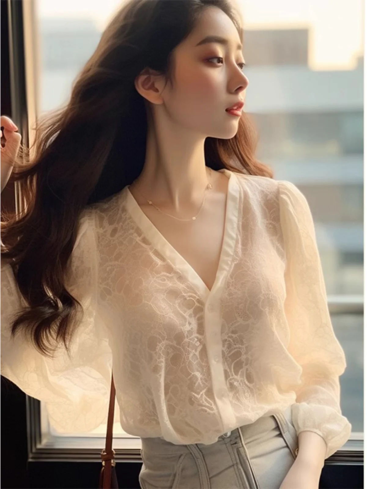 Ele Long Sve Lace irt feminino verão fino V-Ne proteção solar top suave europeu Sle commute solto ajuste botão D...