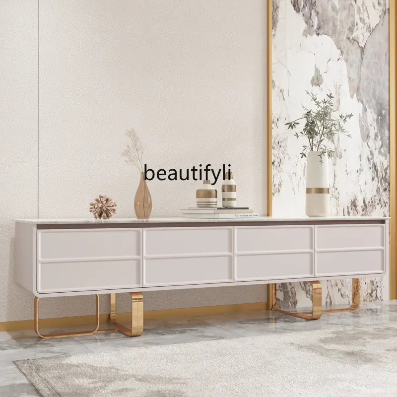 

zq Modern Natural Marble TV Cabinet Italian White Living Room Floor Cabinet Small Apartment Low Cabinet