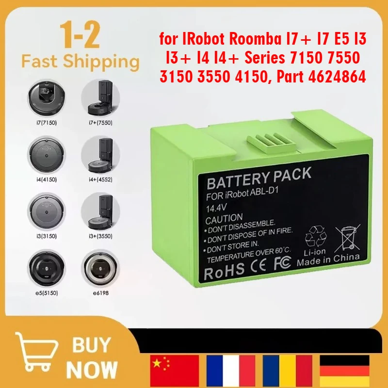 แบตเตอรี่ทดแทน 14.4V I7 สำหรับหุ่นยนต์ทำความสะอาด IRobot Roomba รุ่น E และ I ซีรีส์ I7+ E5 7150 7550 I3 3150 I3+ 3550 I4 4150 I4