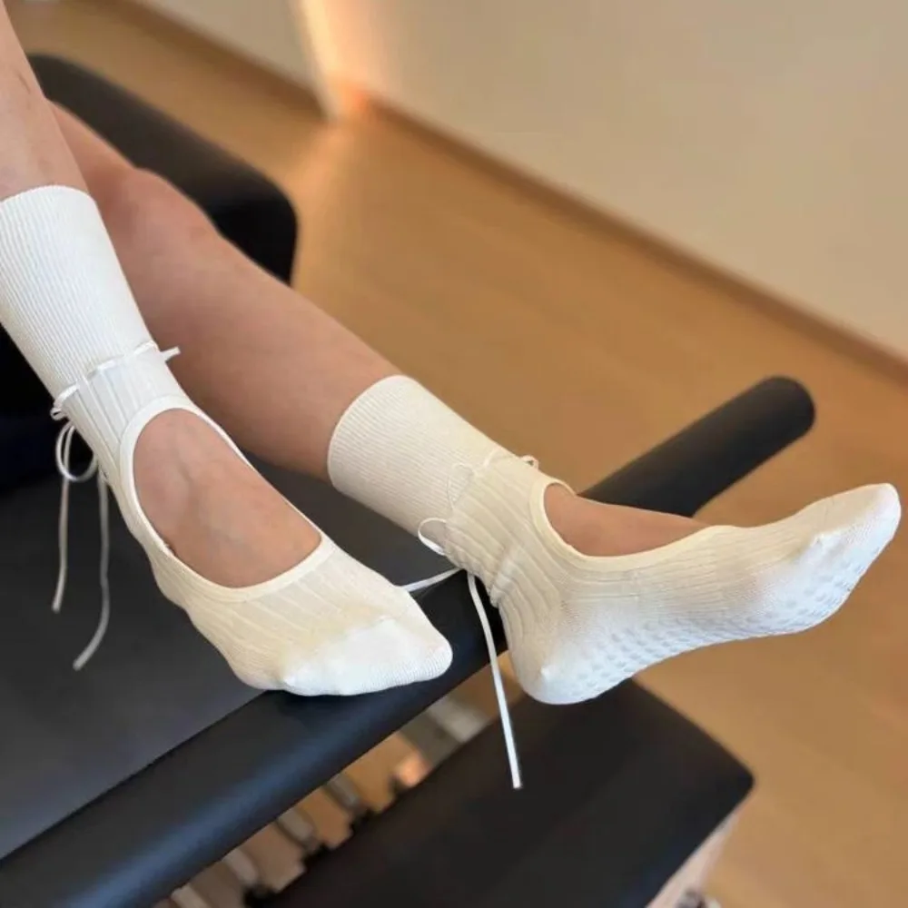 Summer Yoga Socks Mid Calf Non Slip Open Back Stylish Drawstring Ribbon New Pilates Dance Fitness Floor Socks Clothing