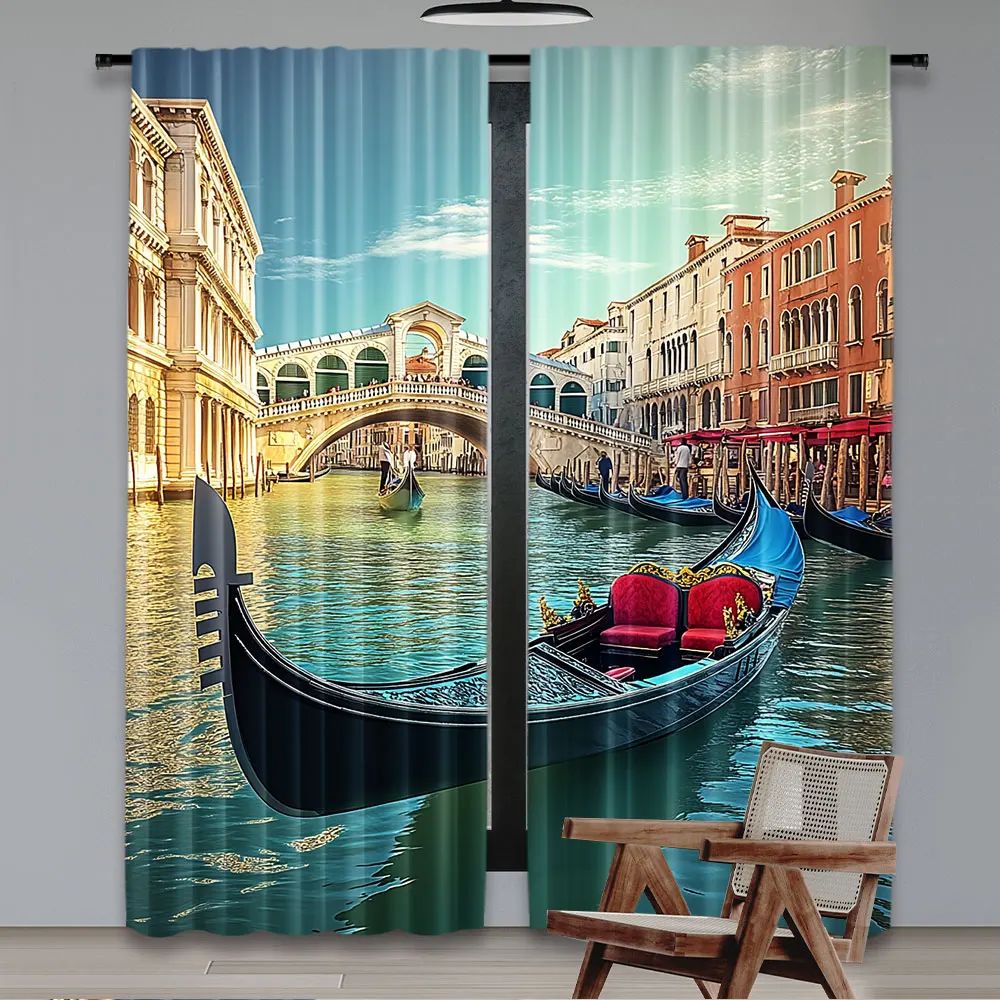 2Pcs City Curtain Bridge Canal Sunset Panorama Italy Gondola Landscape For Living Room Bedroom And Many Other Occasions