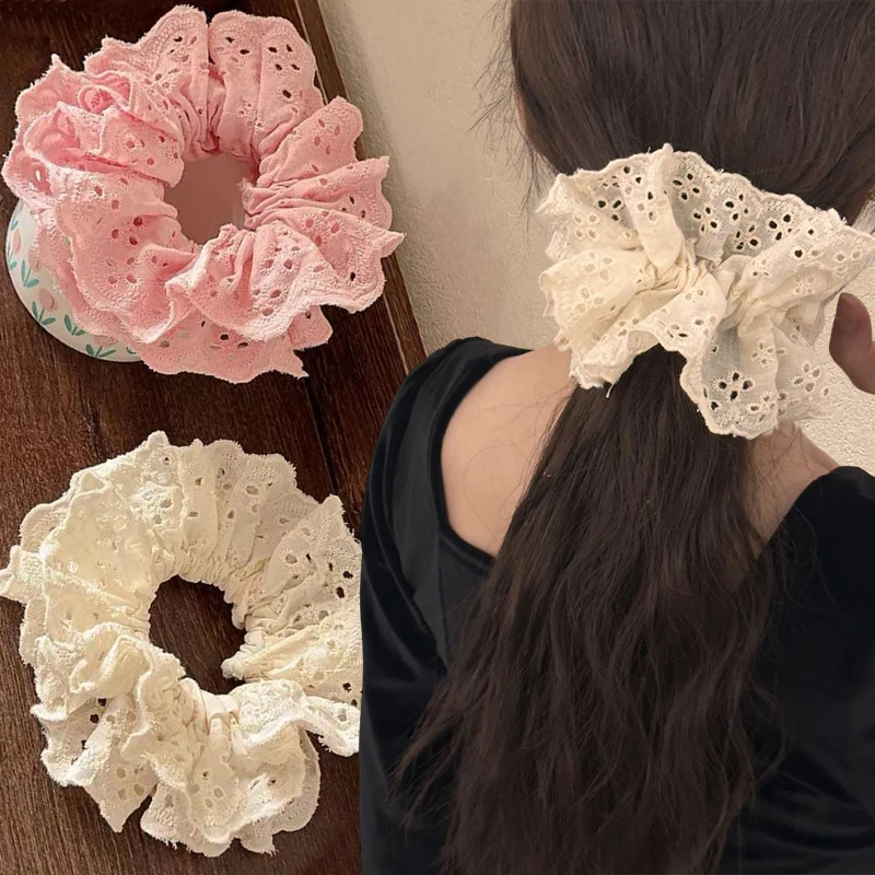 Lace Scrunchies for Women Elastic Hair Bands Ponytail Holders Tie Solid Color Hair Hoop Scrunchy Rubber Bands Women Hair Ring