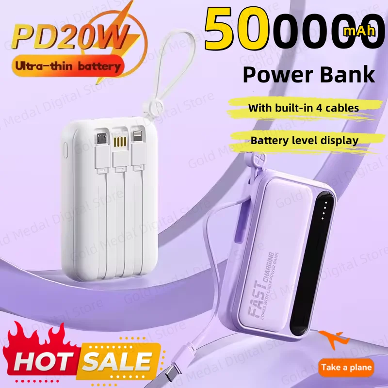 Caricabatterie extra portatile di grande capacità con 4 cavi integrati a ricarica rapida da 500000 mAh per iPhone Samsung universale