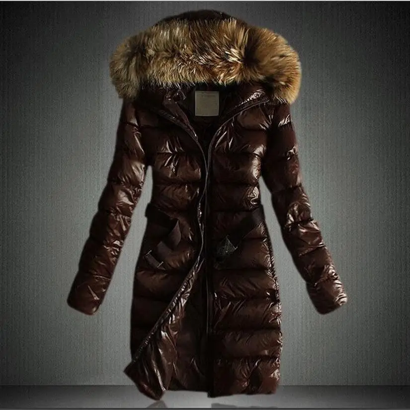 

Женское длинное пуховое хлопковое пальто с большим меховым воротником, утепленное, зимнее, однотонное, стандартной длины, средней длины