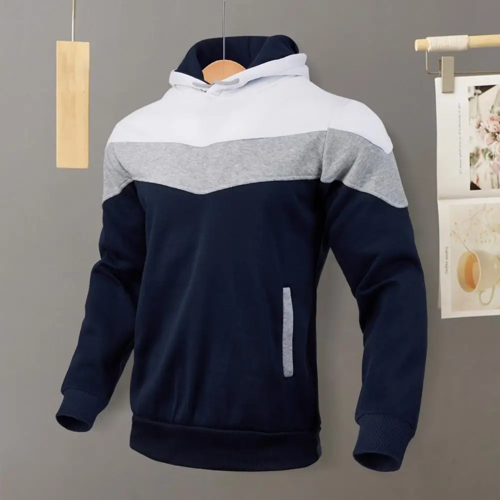 Men Warm Hoodie Men Hooded Sweatshirt Men's Colorblock Drawstring Hoodie with Thick Plush Material Long Sleeves Big for Fall