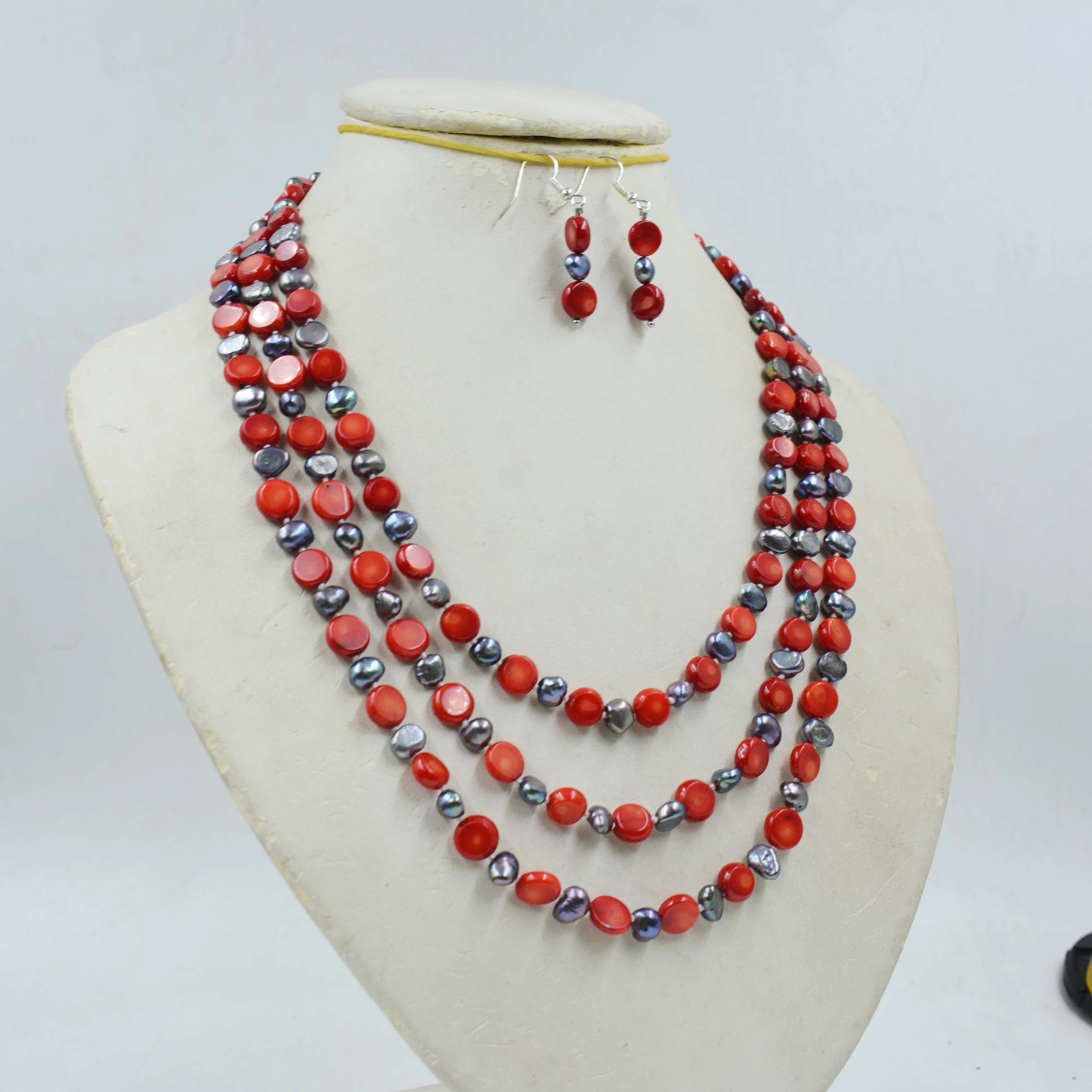 Ensemble collier et boucles d'oreilles en perles baroques noires, lieux naturels, 3 rangées, 18 "-23"