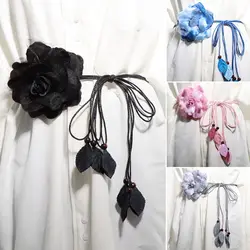 Casual Knotted Waist Chain For Dresses Lady Thin Waist Belt Long Tassel Braid Waistband Elegant Handmade Big Flower Decorative