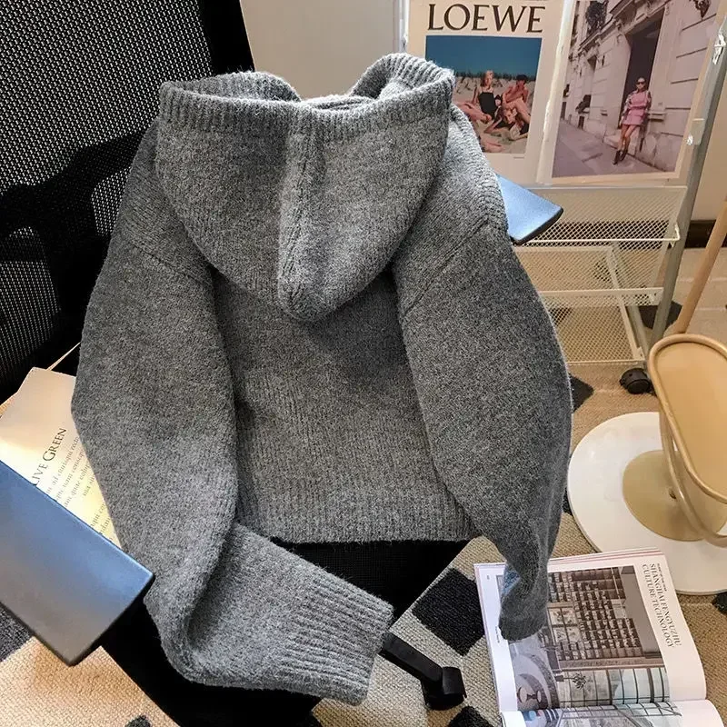 Korean Version Grey Hooded Knitted Cardigan for WomenAutumn and Winter New Loose and Slim Short Sweater for Outerwear Clothing