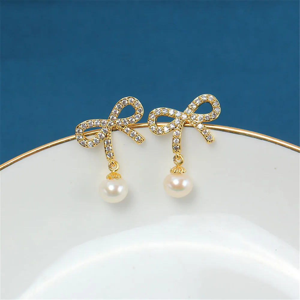 Domestic 14k Gold Bag Gold Injection Bow Zircon Pearl Stud Earrings S925 Silver Pin Earrings Empty Support DIY Accessories