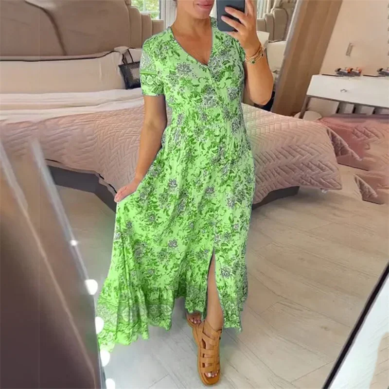 2024 Elegant Women Flower Print Deep V Neck Dresses Elastic Waist Splice Pleated Hem Dress Female Single-breasted Cardigan Gown