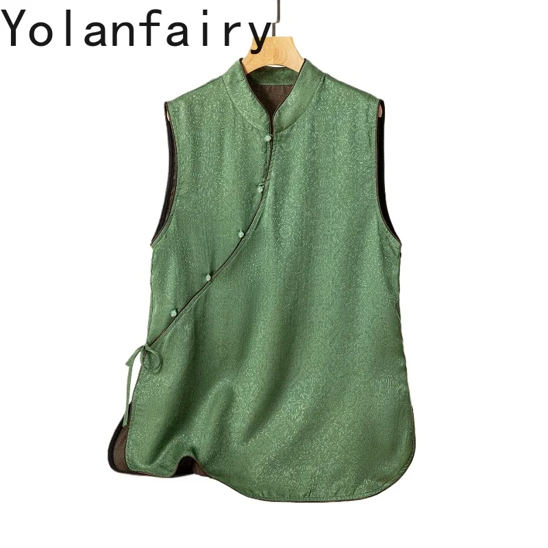 

YOLANFAIRY 100%Real Mulberry Silk Shirt for Women High Quality Watered Gauze Shirts Female Women Tops Sleeveless Blouse Mid-long