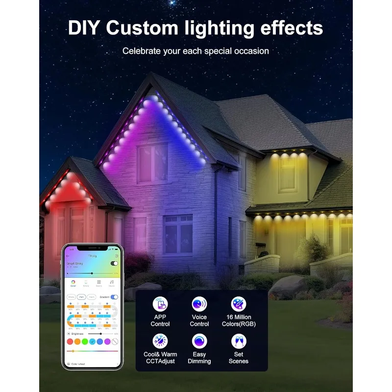 Permanent Outdoor Lights 100ft, Smart RGBIC Eaves Lights with 72 Scene Modes, IP67 Outdoor Lighting for Holiday Decorations