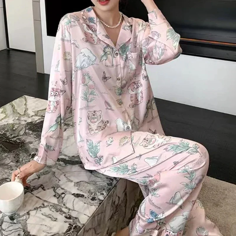 Cute Dog Printed Pajamas for Women\'s Spring and Autumn New Lazy Style Sweet Homewear Silk Pajamas for Women Sleepwear