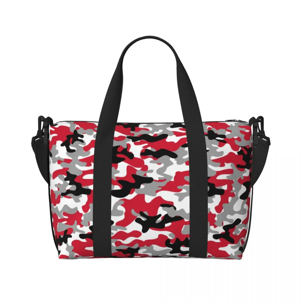 

Custom Red And Black Camo Tote Bag Women Big Capacity Morden Camouflage Style Beach Gym Travel Bags