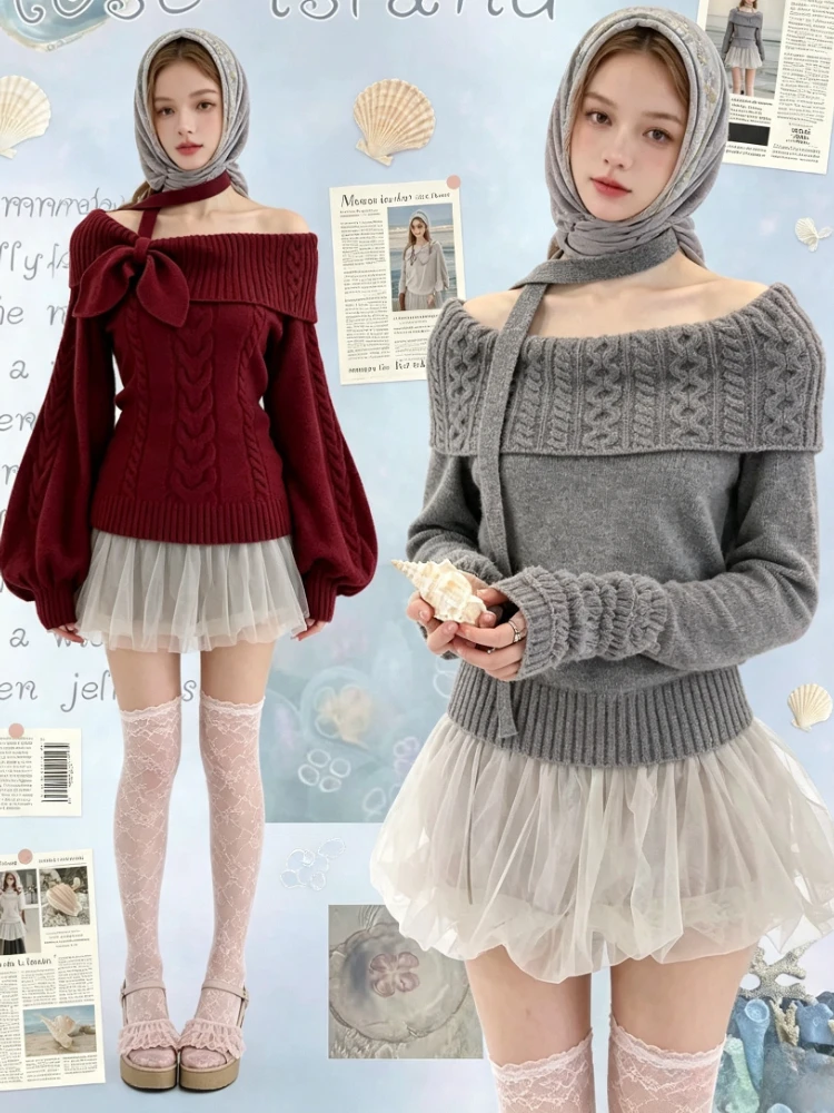 Aesthetic Harajuku Coquette Girls Off‑Shoulder Bow Collar Knit Sweater Y2K Sweet Lolita Long Sleeve Daily Going Out Pullover