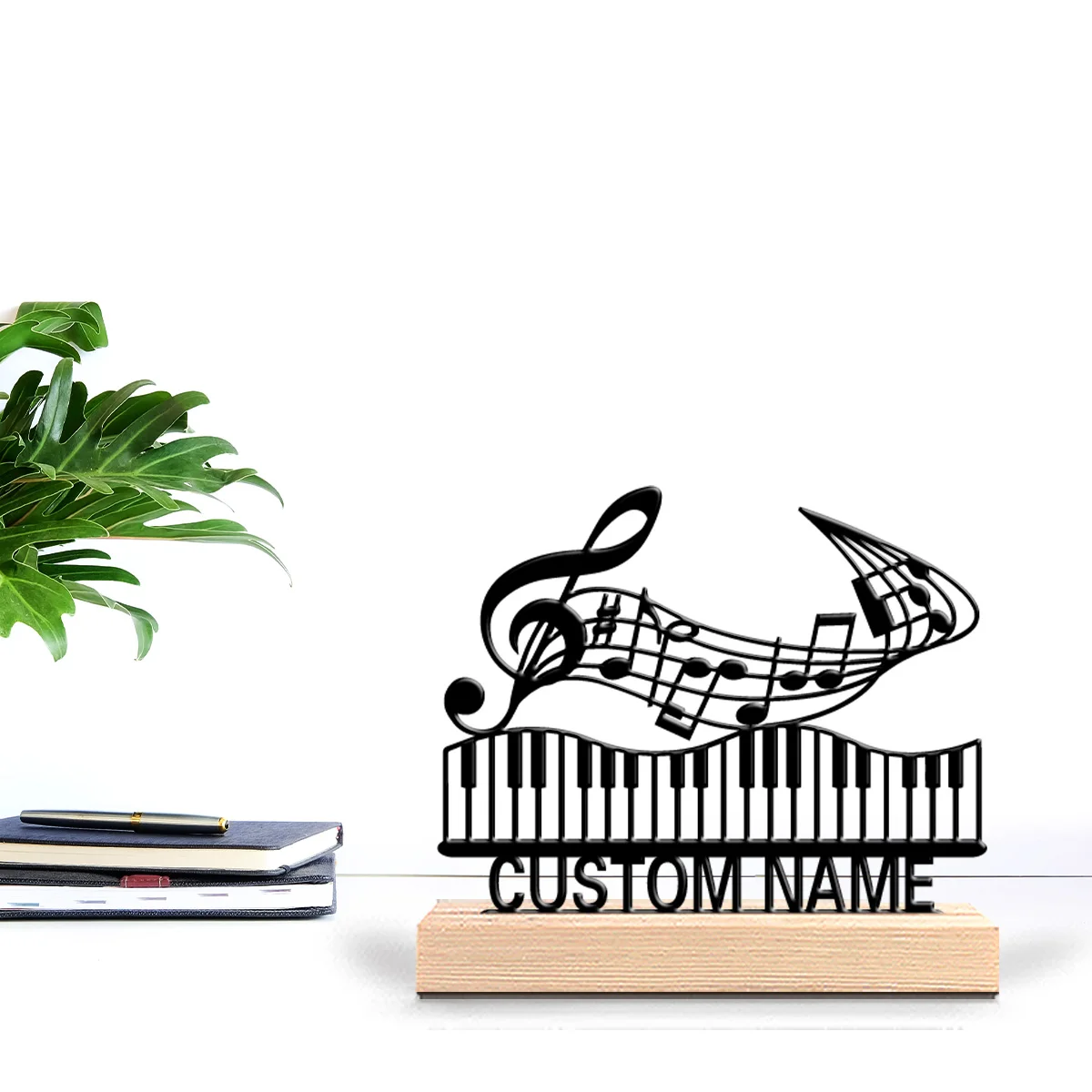 1pc Fun Personalized Custom Piano Metal Statues Nature-Inspired Wooden Base Decor for Office, Living Room, Zen, Calm Spaces
