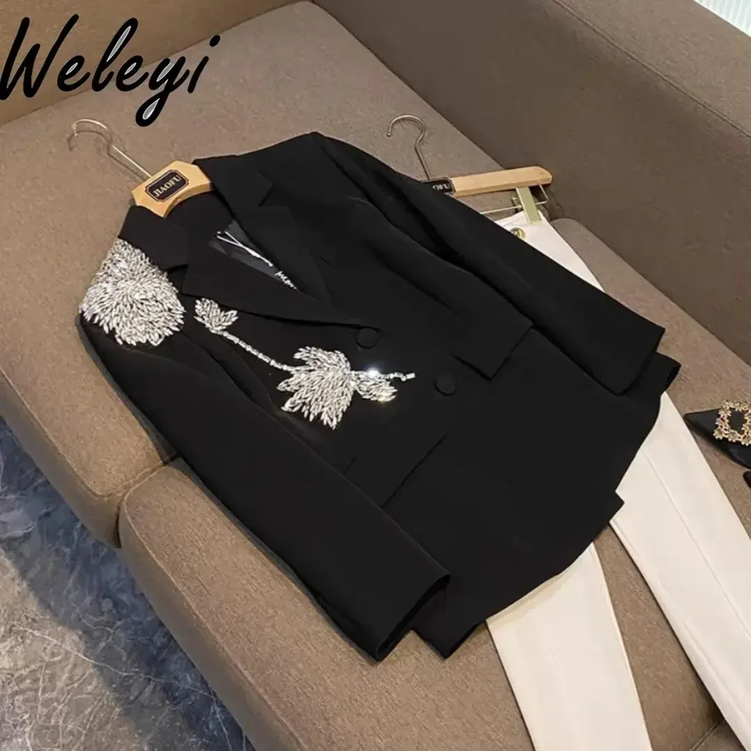 Temperament Rhinestones Flower Splicing Blazers Women 2024 Fall New Elegant Loose Double Breasted Long Sleeve Black Blazer Femme