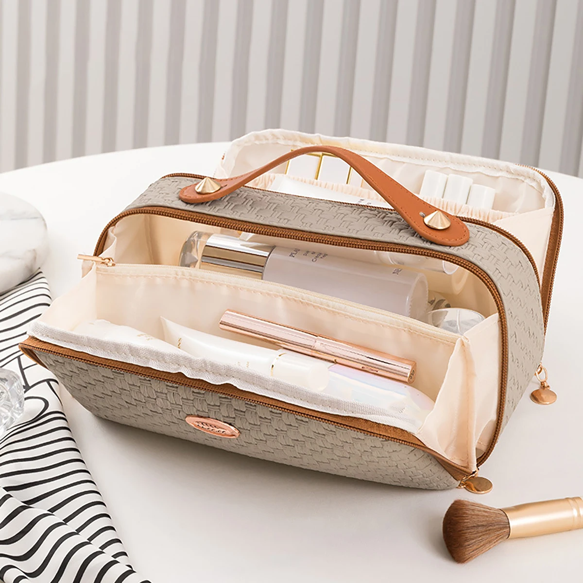 New Fashion Woven Double Zipper Makeup Bag with Large Capacity and Multi compartment Travel Cosmetics Storage Bag Washing Bag