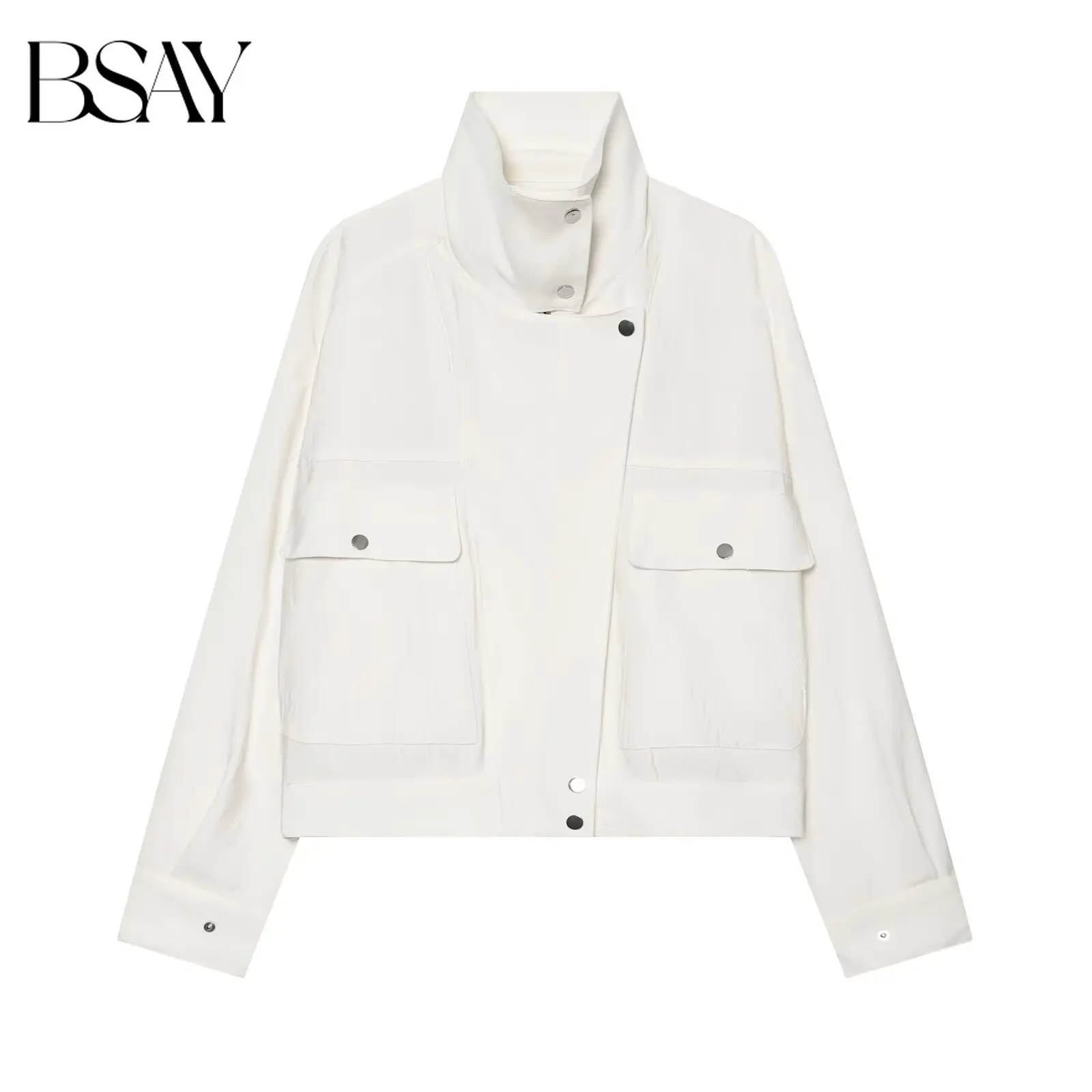 BSAY Damen Stehkragen Kurze Jacke Langarm Asymmetrische Knopfleiste Große Pattentaschen Knopfverschluss Einfarbig Weiß Lässiger Mantel