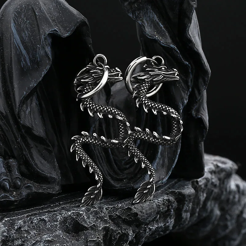 Punk Rock Eardrop 2024 New 316L Stainless Steel 3D Dragon Earring Fashion Jewelry Animal For Mn Women