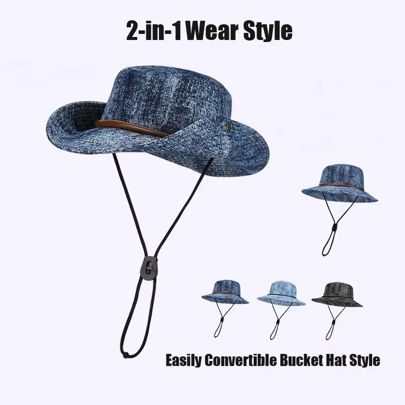 2-in-1 Waschbarer Denim-Bucket-Hat, UV-Schutz Sonnenhut mit Breiter Krempe und Verstellbarem Kinnriemen