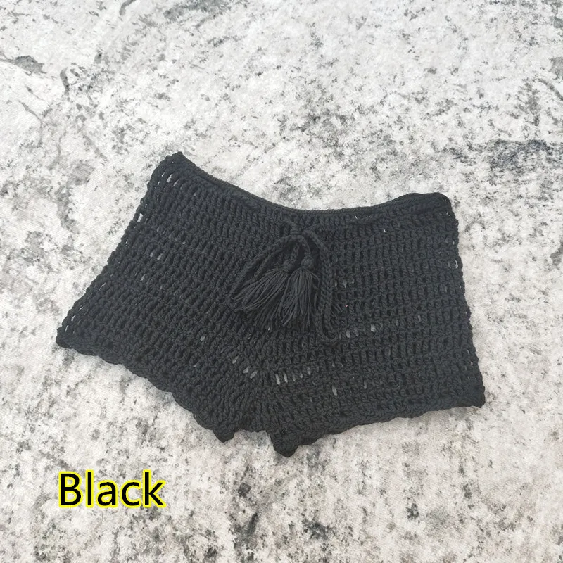Pantaloncini bikini all'uncinetto intrecciati a mano in tinta unita estiva da donna Pantaloni da nuoto da spiaggia Pantaloni ad angolo piatto cavo con cinturino elasticizzato