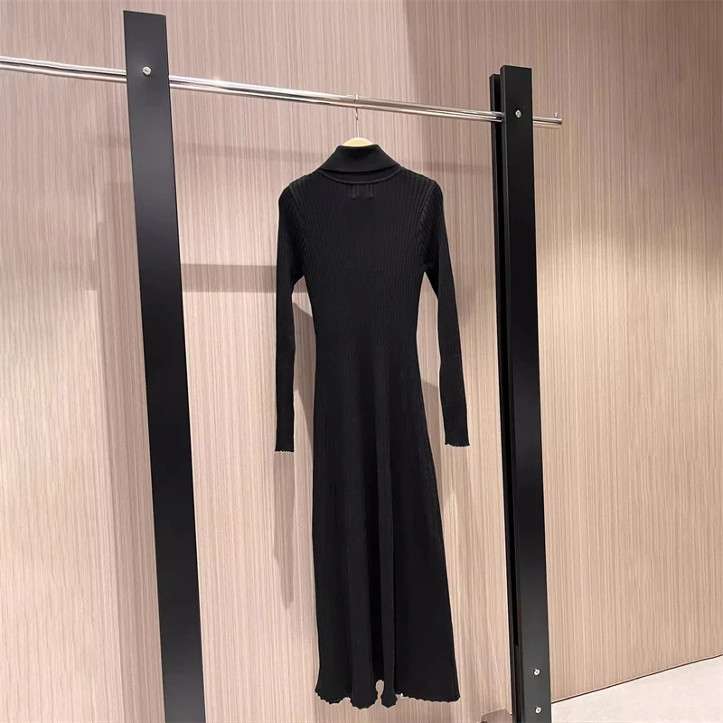 Autumn new women\'s high collar elastic slim fit long sleeve knitted dress y2k high quality zipper decoration black midi skirt